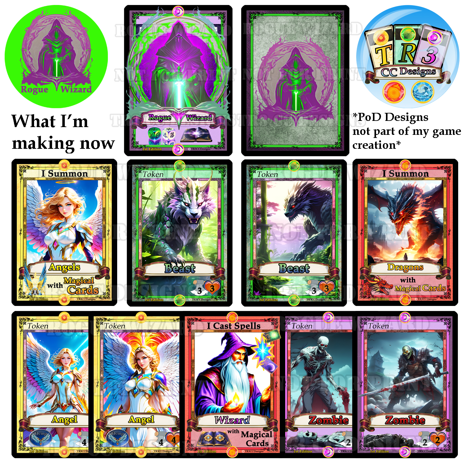 I cast / summon with magical cards angels, beast, dragons, angels, zombies, wizard custom collectible 1st edition trading card 2/2 3/3 4/4 flying. Red flame, purple moon, yellow sun, green nature. Now on Redbubble and Teepublic stores. Coming soon to threadless. Rogue Wizard TR3CCDesigns