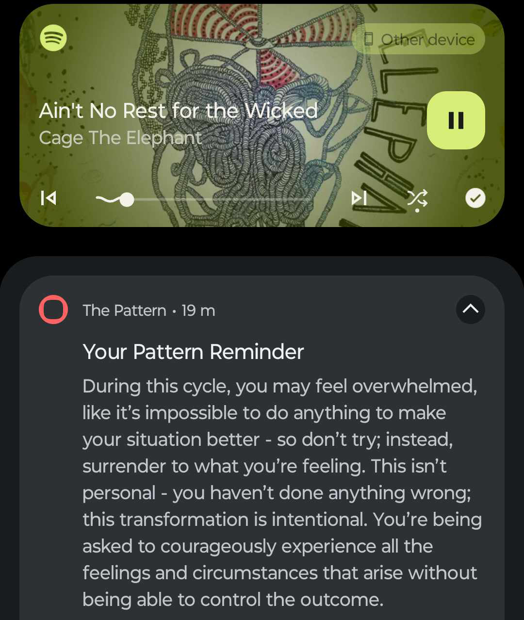 spotify playing "Ain't No Rest for the Wicked" by Cage the Elephant, The Pattern motivational reminder