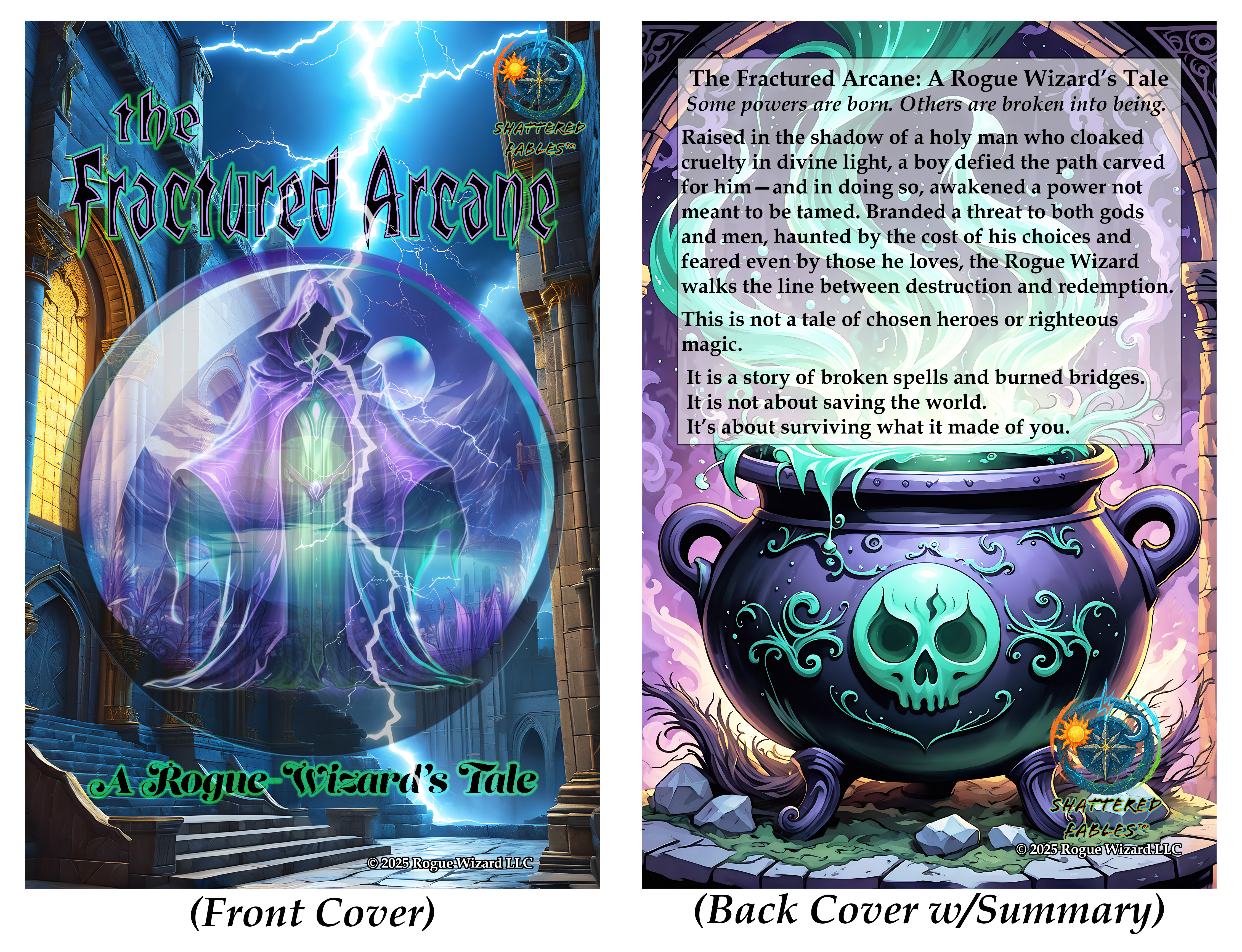 Front and back cover of Fractured Arcane, featuring the Rogue Wizard, mystical symbols, and a summary of the Shattered Fables™ story.