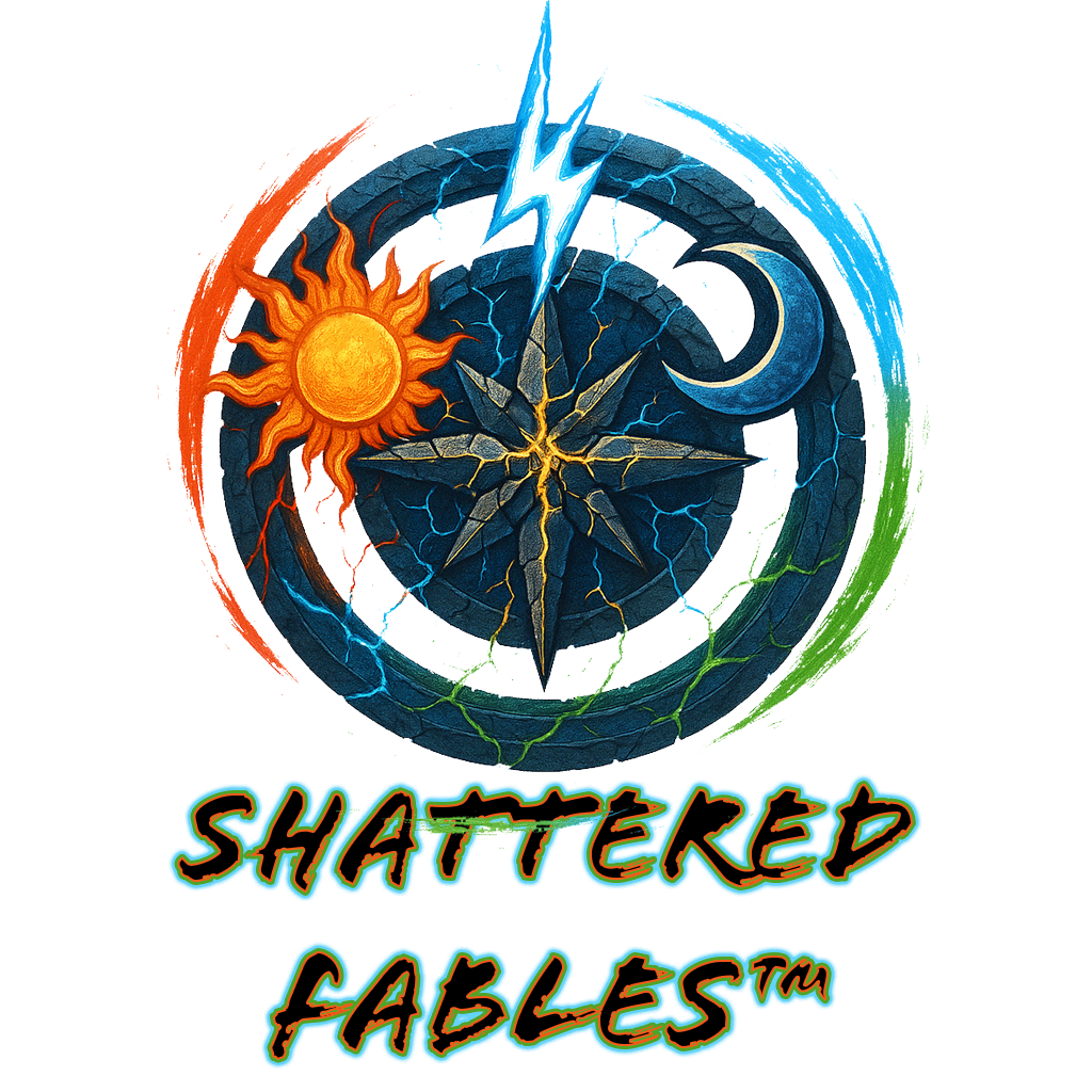 Shattered Fables logo with elemental compass featuring sun, moon, lightning, and nature motifs on a cracked stone circle