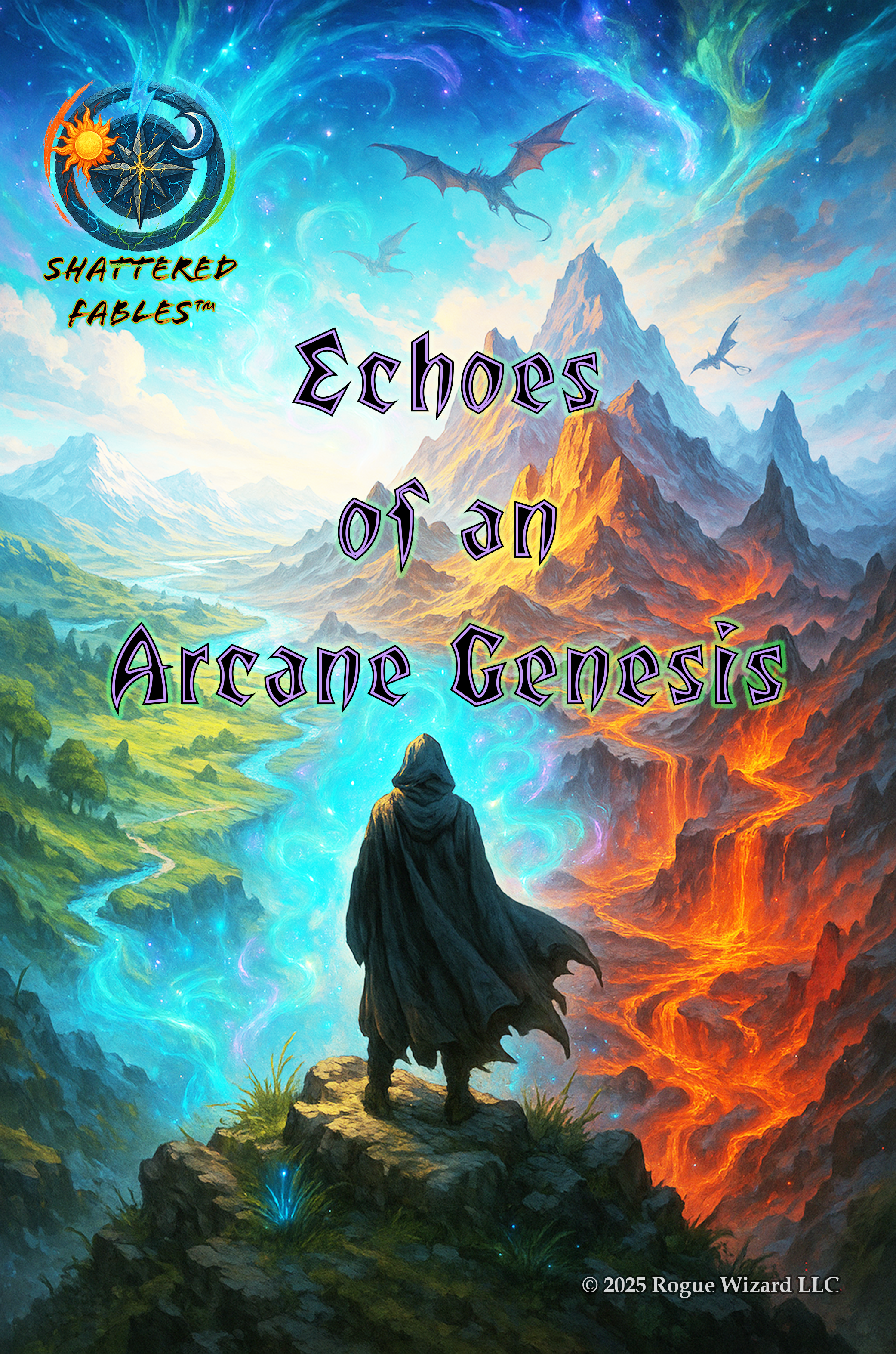 Cloaked figure overlooks a mythic landscape split between verdant rivers and fiery mountains, with dragons flying under a swirling aurora sky.